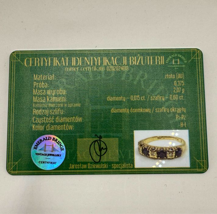 Złoty pierścionek z szafirami i diamentami