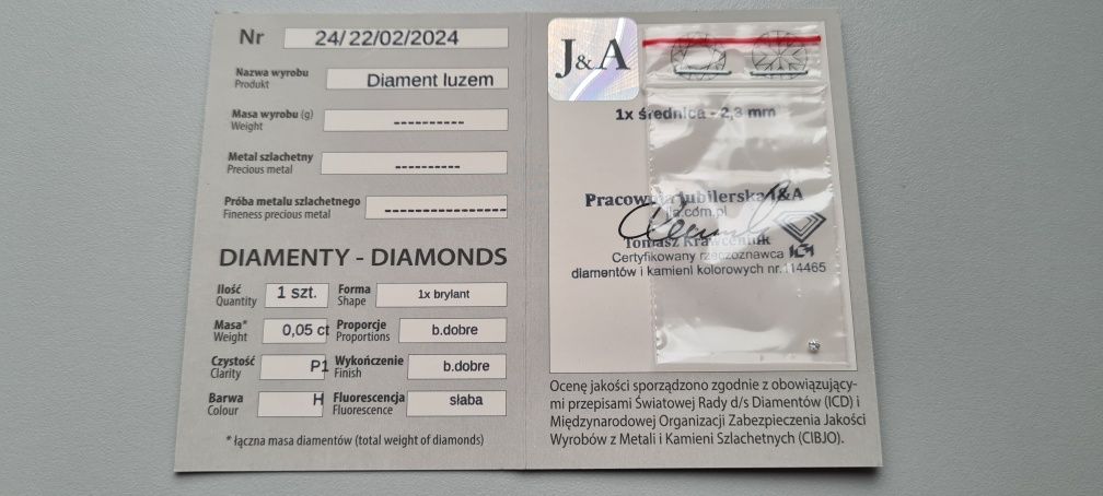 Naturalny brylant 0.05ct. P1/H Certyfikat