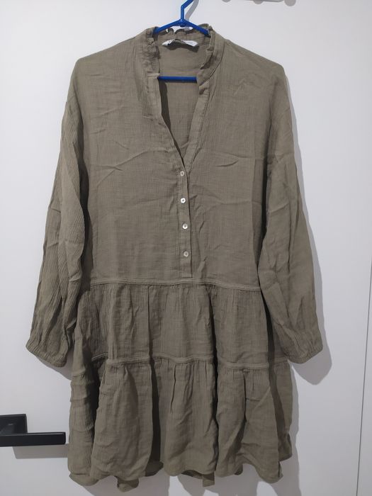 Sukienka tunika koszula z falbanami kreszowany materiał oversize