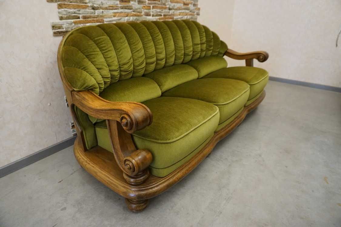 Zestaw na Stelażu Dębowym Stylowy Zielony Materiał 3+1+1   (w-1107)