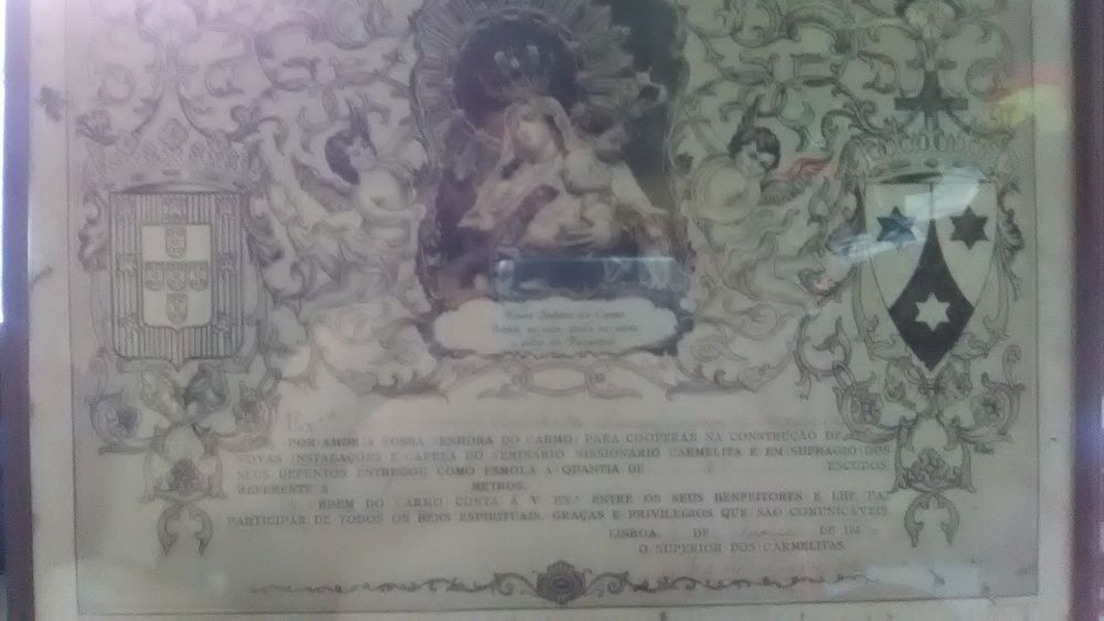 Antiguidade Quadro com Certificado Donativo Carmelitas