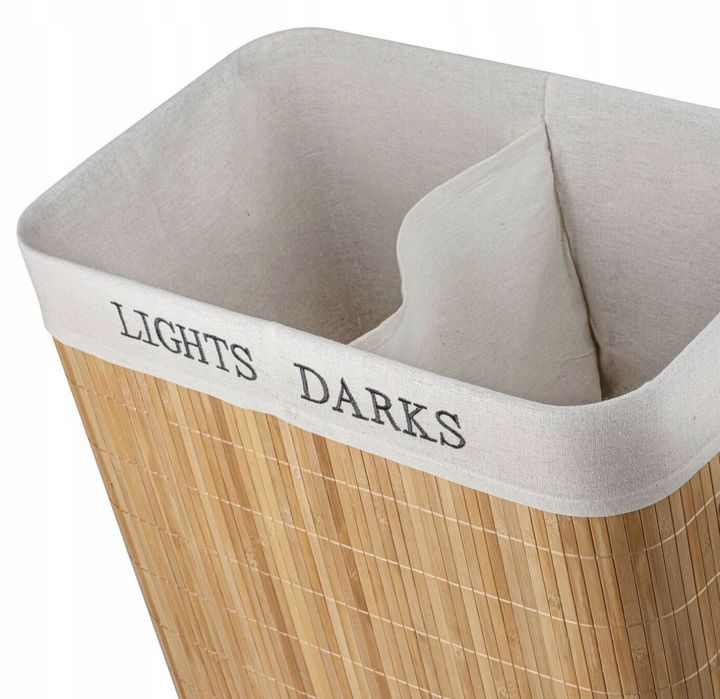 Kosz na pranie bieliznę bambusowy dwukomorowy z pokrywą pojemny 105L