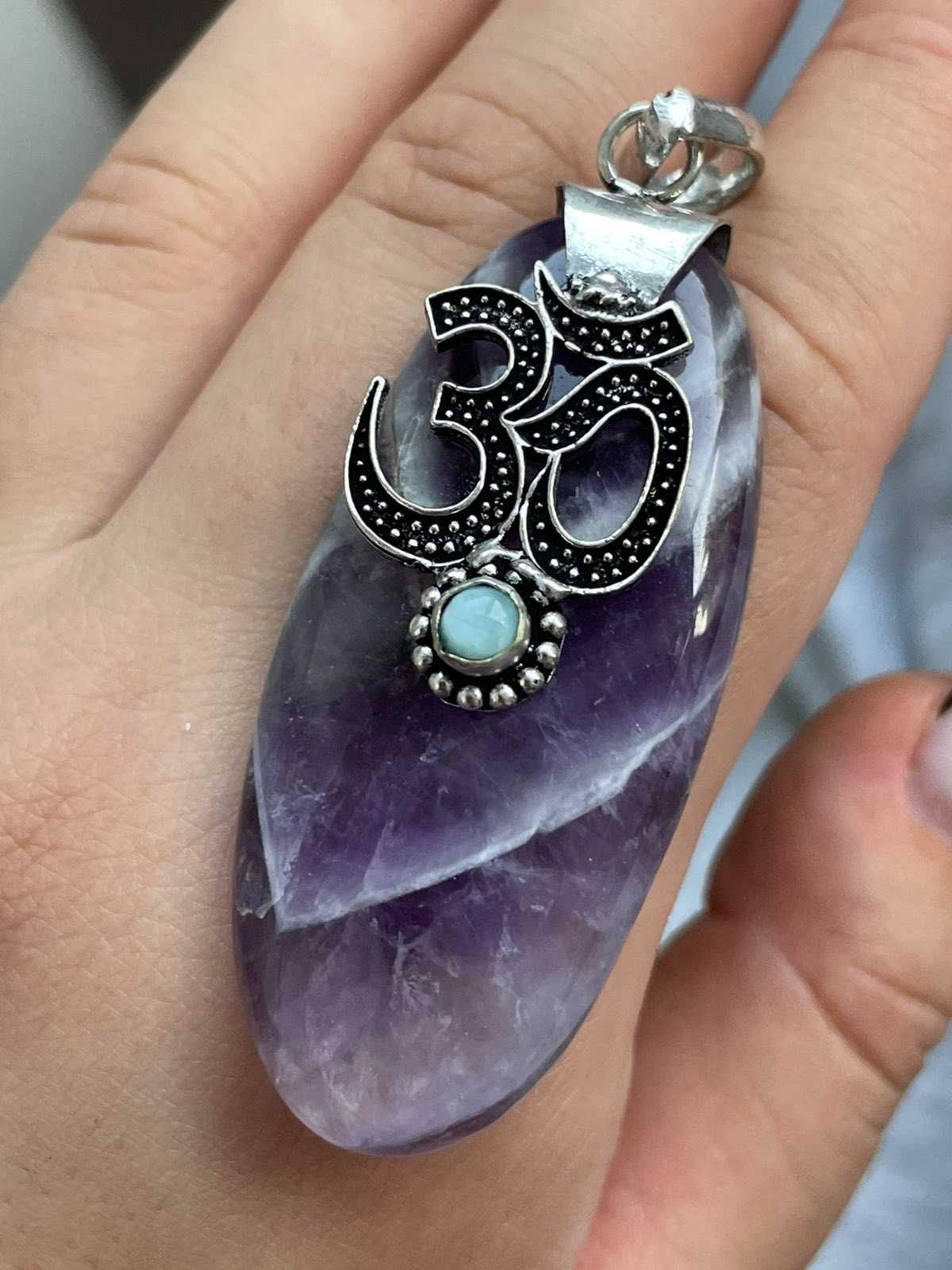 Handmade.Подвеска с аметистом и ларимаром покрытая серебром