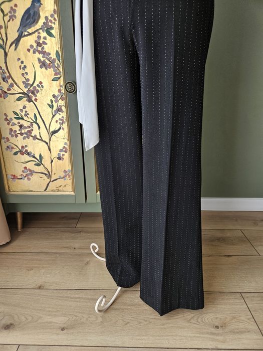 Eleganckie Spodnie damskie Czarne w Biały Prążek Proste Szerokie Nogaw