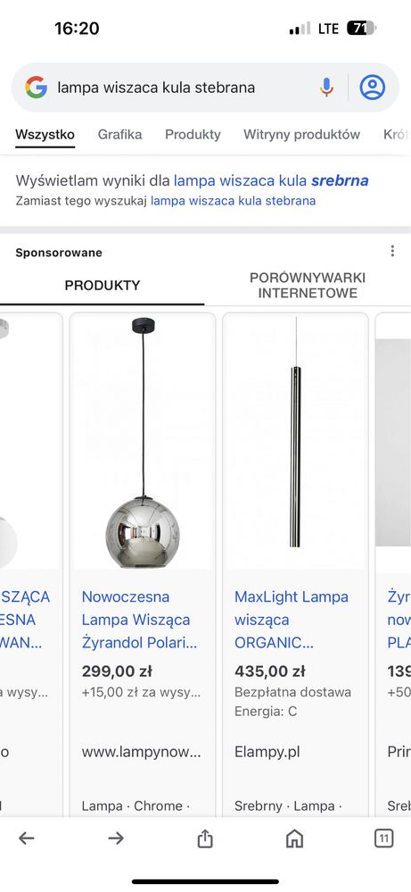 Lampa wisząca stebrna kula