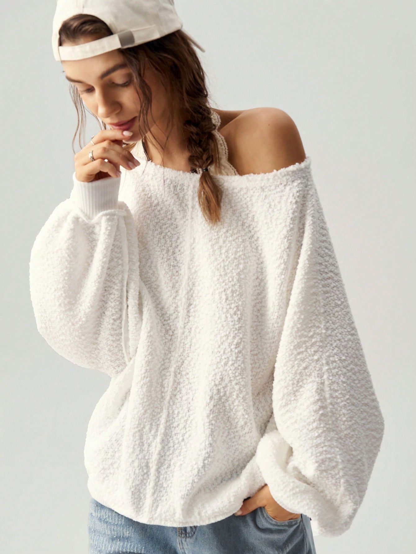 Sweterek Luźny Oversize Teksturowany Dekolt Łódka Ecru Shein S 36