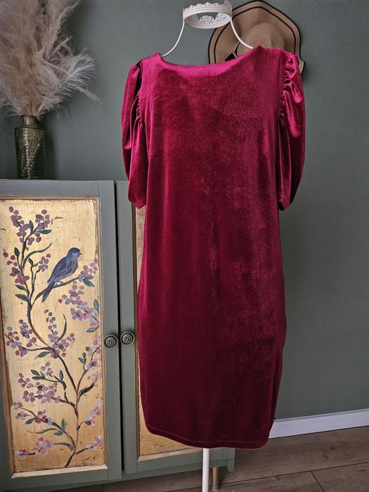 Luksusowa Sukienka damska XS/ S  Czerwone Wino Welur Krótki Rękaw