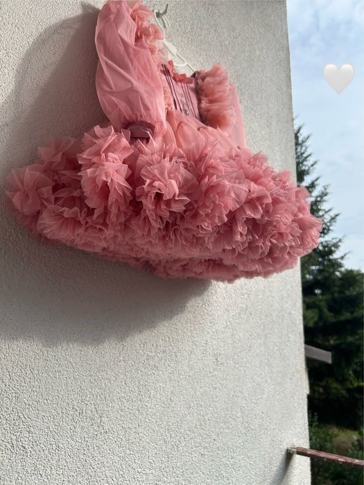 Sukienka princessa bajkowa tutu długi rękaw pudrowy róz rozkloszowana