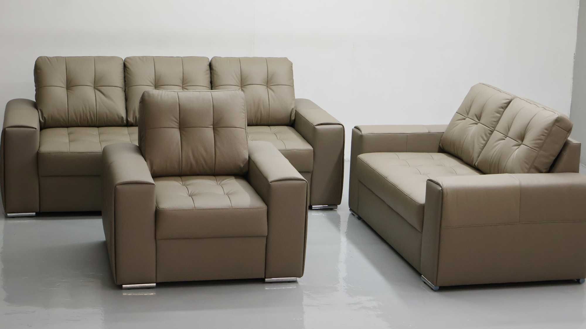 KOMPLET 3+2+1 sofy kanapy zestaw piaskowy SKÓRA naturalna 4119 wypoczy