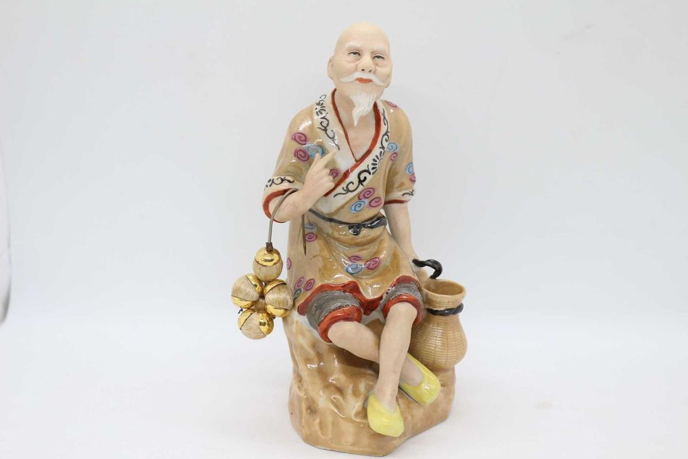 Rara Escultura Ancião Porcelana China Pintada Mão Marcada