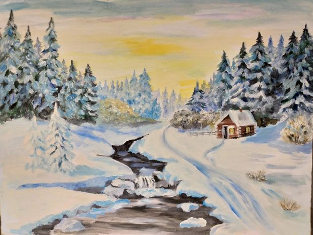 Картина маслом "Домик в зимнем лесу". 44×51см Олія на ДВП