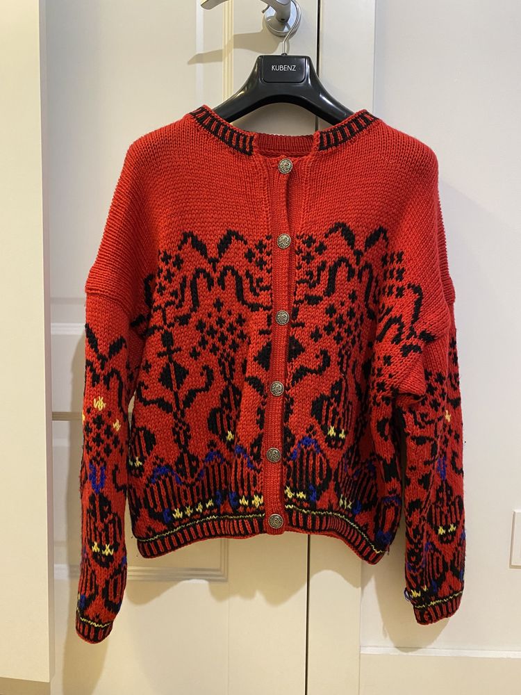 Wełniany handmade sweterek vintage czerwony świąteczny kardigan