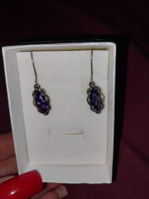 Śliczne kolczyki vintage,srebro,złoto,ametyst