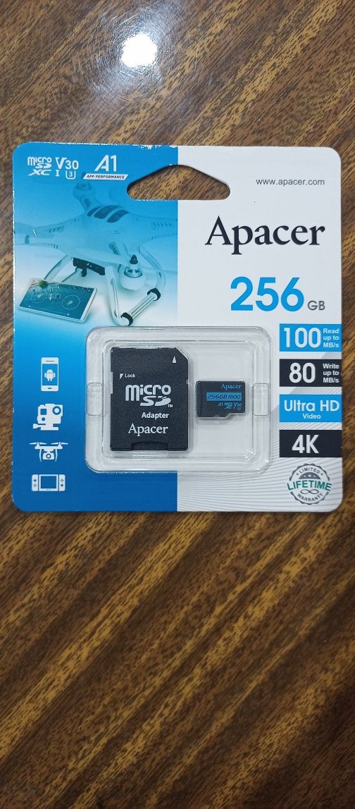 Micro Sd v30a1,ultra hd 4k. Apacer 256gb. Дроны камеры,регистраторы,го