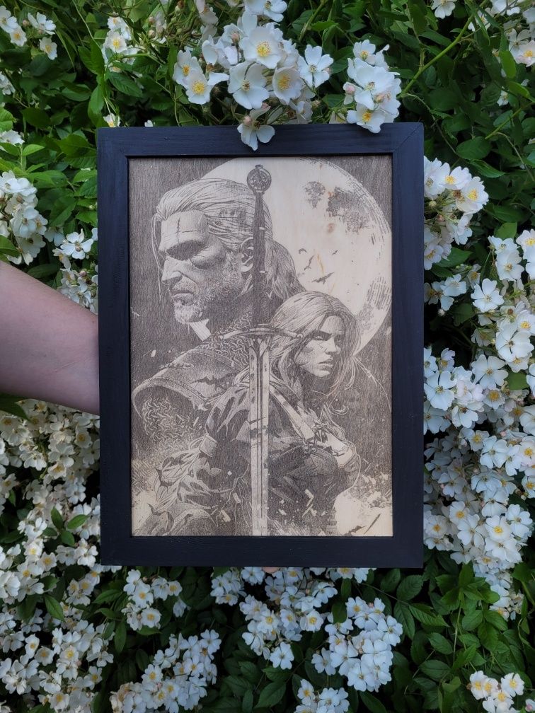 Wiedźmin, The Witcher 3, Geralt, Ciri, Obraz wypalany w drewnie A4