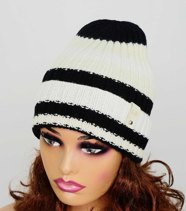 LaMel Czapka unisex w paski 100%Merino handmade obw.52 - 56cm