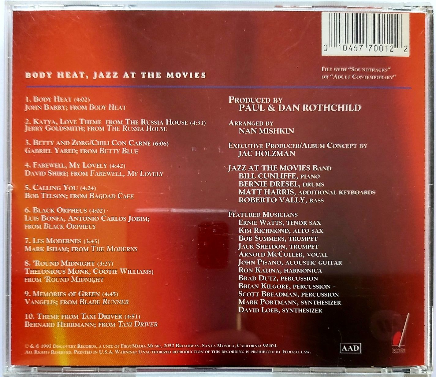 Body Heat Jazz At The Movies 1993r Vangelis Monk Telson