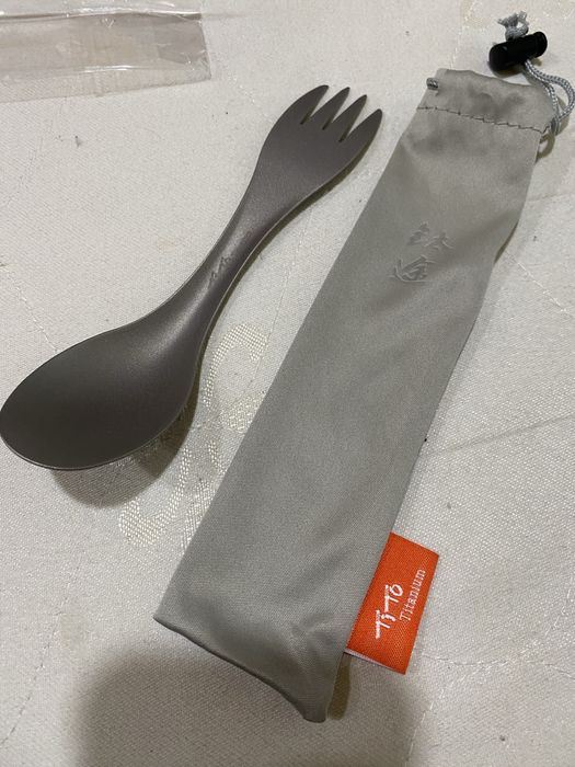 Титанова ложка-виделка туристична з мішечком для зберігання