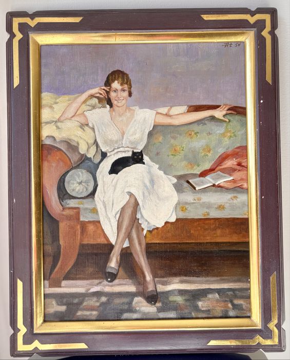 Obraz olejny art deco stary portret kobiety vintage lata 50 unikat hit