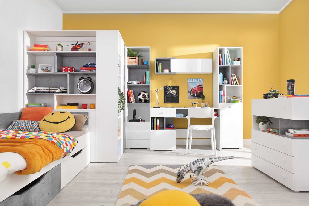 Zestaw Mebli młodzieżowych Biel beton Szafa + komoda duża szuflady