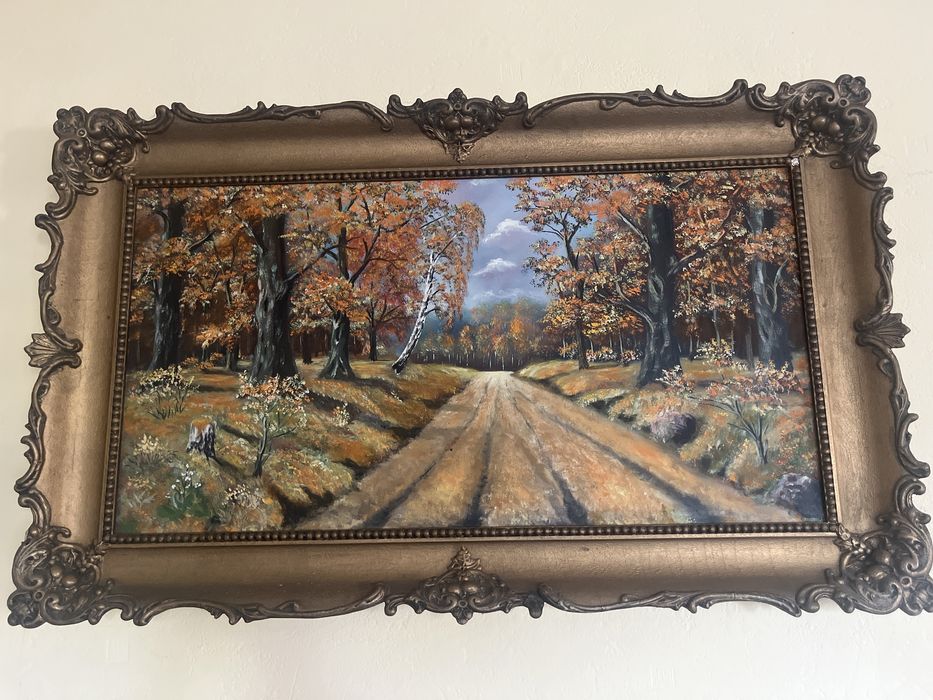 Pejzaz w antycznej ciezkiej drewnianej ramie obraz na plotnie