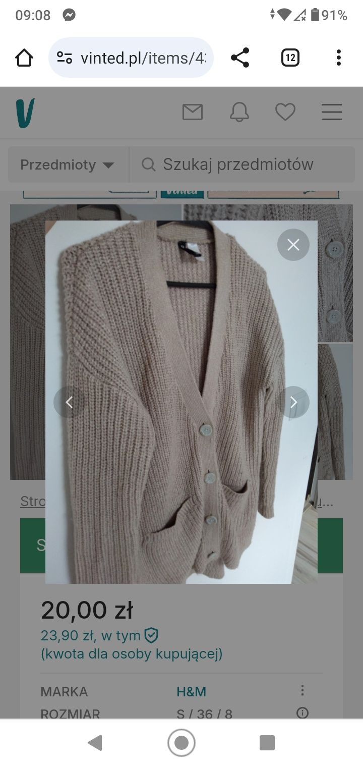 Sweter kardigan h&m guziki brązowy beżowy oversize do legginsów ciążow