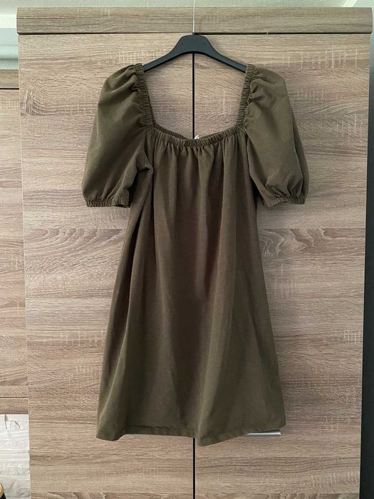 Sukienka khaki okryte ramiona hiszpanka H&M roz. S letnia z bufkami