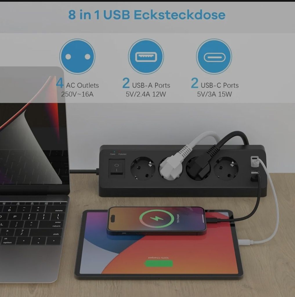 Listwa zasilająca z 4 gniazdami z USB - C narożna