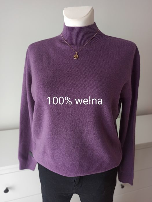 Elegancki fioletowy sweter półgolf wełniany L/40 puszysty miękki 100%