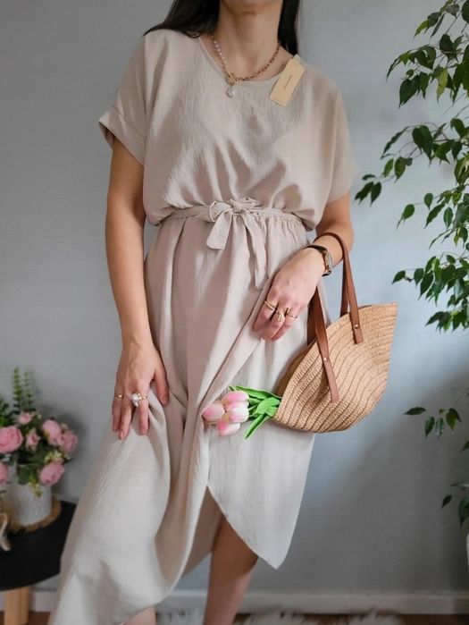 Nowa kopertowa sukienka midi latte wiązana w pasie klasyczna na wiosnę