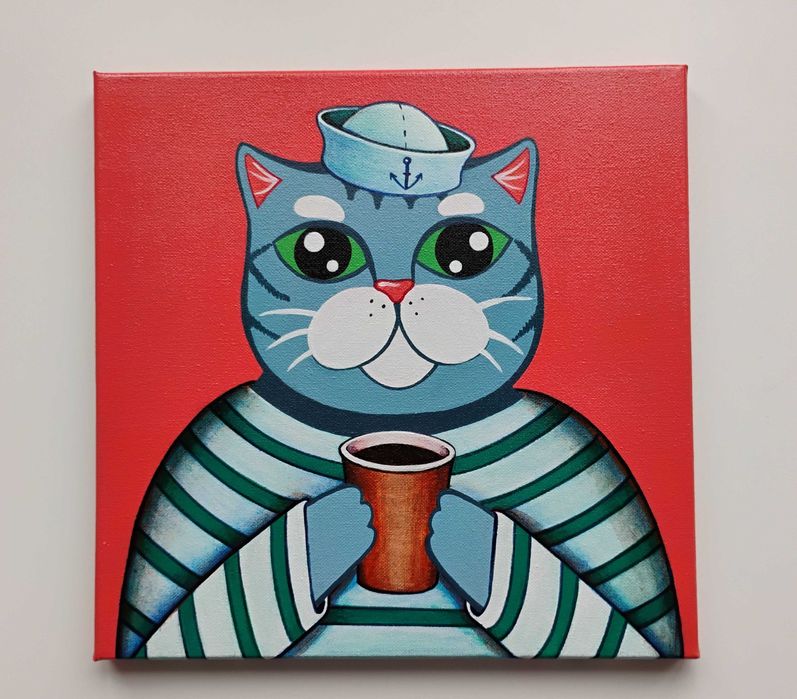 Kot marynarz z kawą. Oryginalny obraz akrylowy 30x30 cm