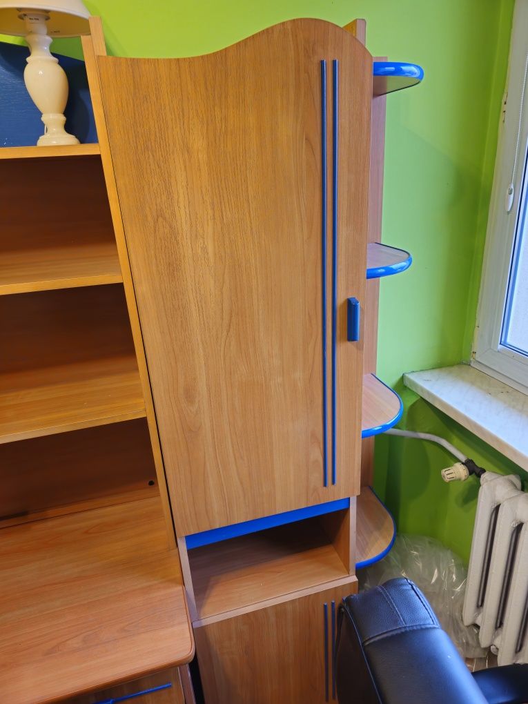Meblościanka w kolorze drewna z niebieskimi dodatkami