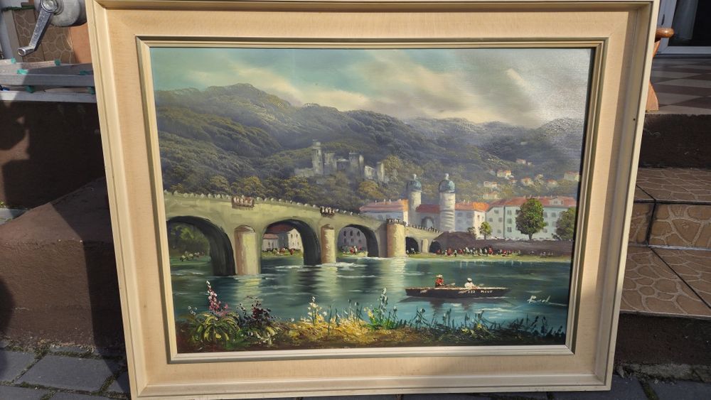 Most w Heidelbergu – obraz olejny, sygnowany, lata 60 Niemcy