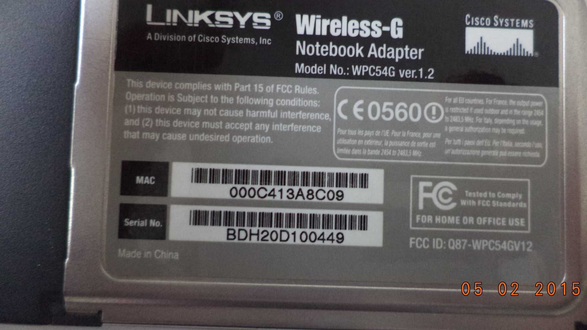 Wireless - G Notebook Adapter 2.4GHZ 802.11g - Linksys