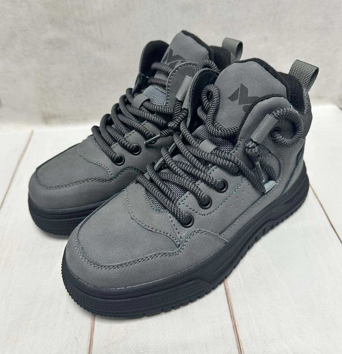 Зимові дитячі черевики MD на овчині сірий/хакі 32-37