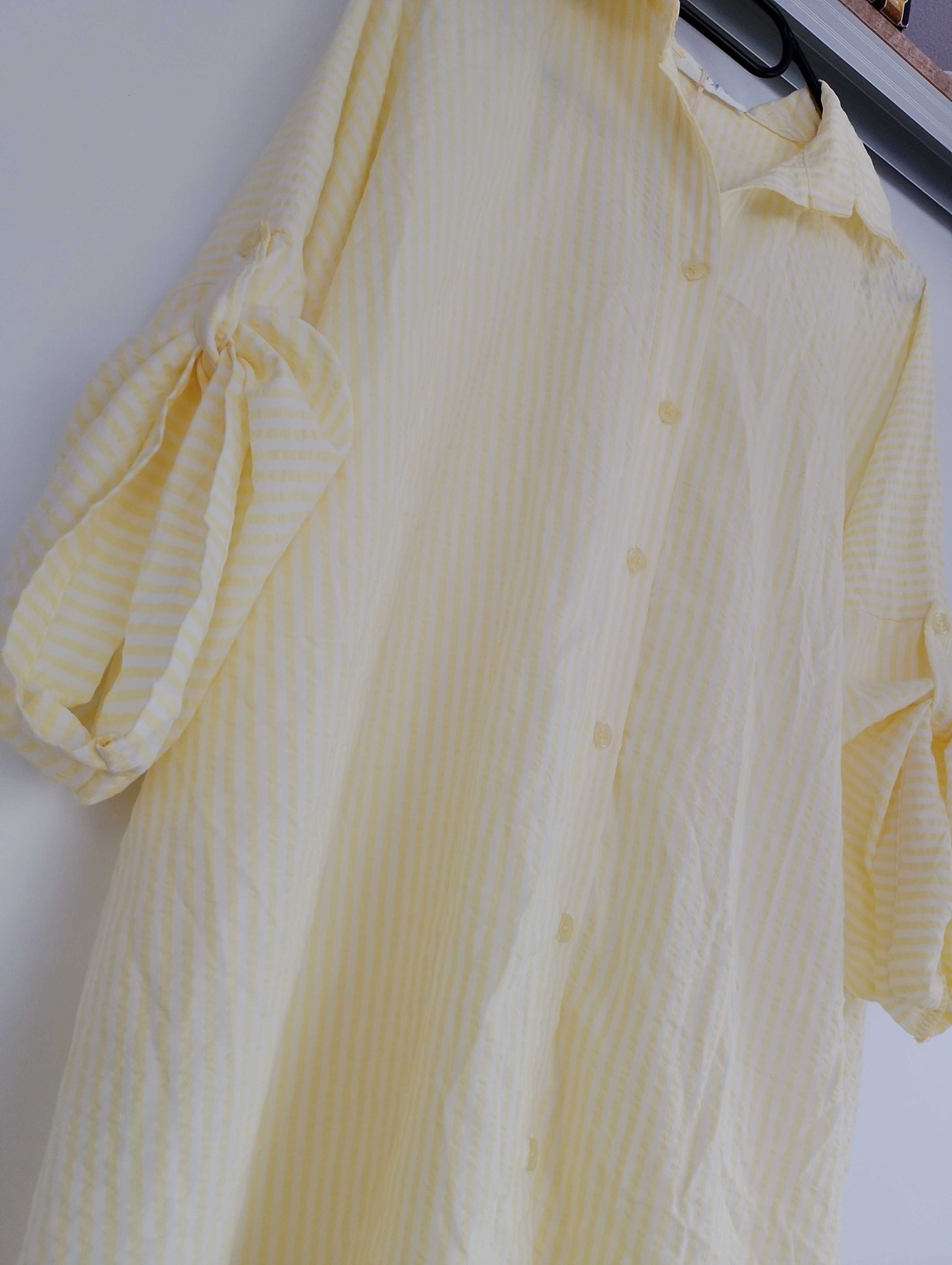 Piękna Nowa koszula oversize plus size w pasy żółto biała
