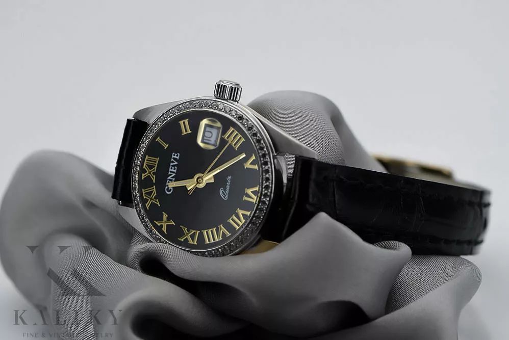 Zegarek damski z białego złota 14k Geneve z czarną tarczą lw078wdbc K