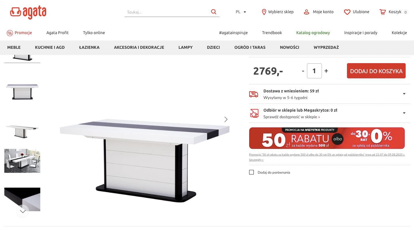 PIANOSA stół rozkładany, biało-czarny wysoki połysk z Agata Meble