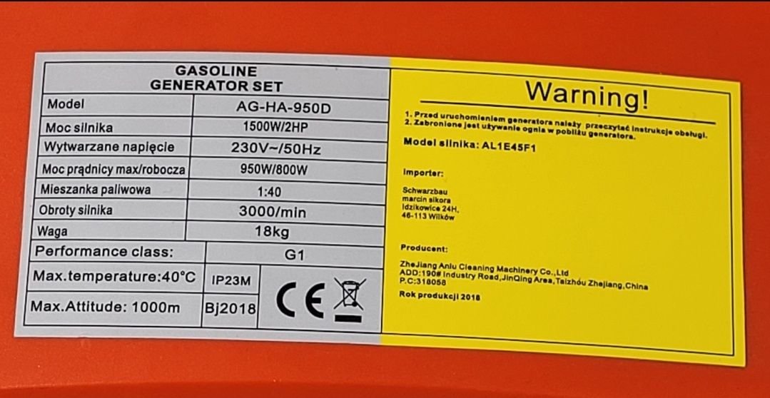 Agregat Prądotwórczy Generator Spalinowy Walizkowy SCHWARZBAU 2KM 950W