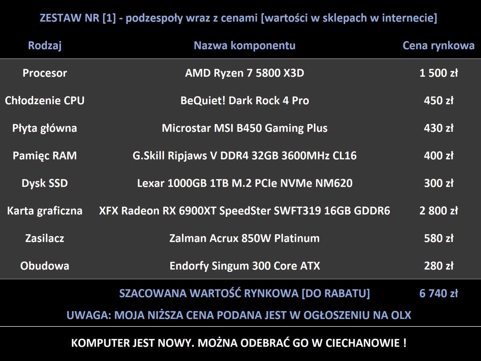 NOWY Komputer Ryzen 7 5800 X3D, Radeon RX 6900XT, 32GB, 1TB SSD, 850W