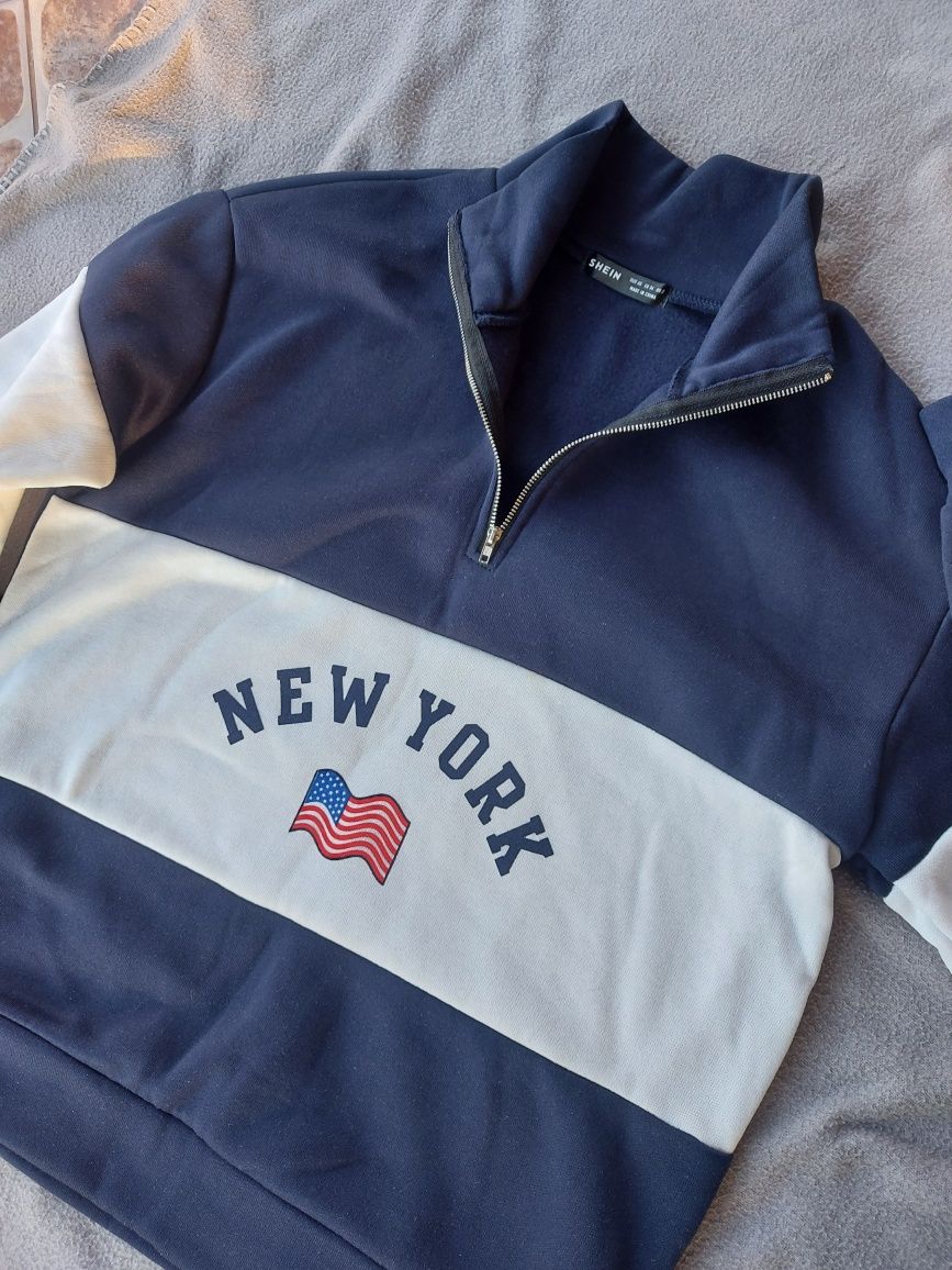 Bluza New York ciepła granatowo-biała Shein