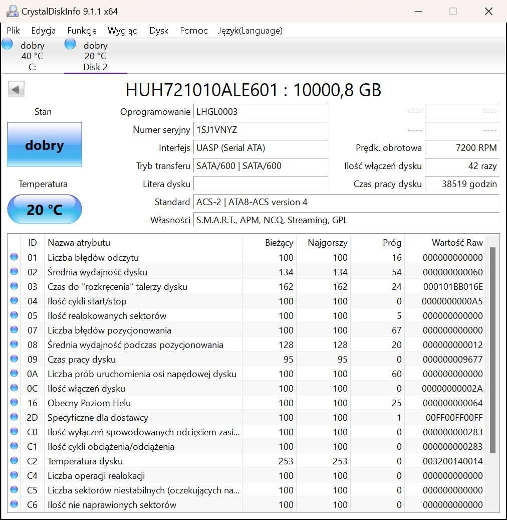 DYSK 10TB SATA 7200RPM 3.5 HGST HUH721010ALE601 100%