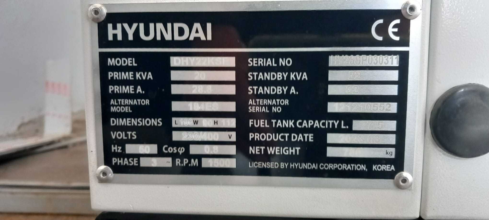 Gerador Industrial Trifásico 20 kVA Hyundai DHY 22 KSE