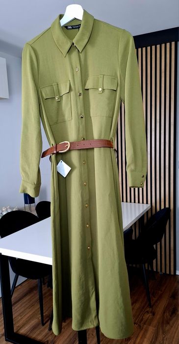 Zara sukienka koszulowa z paskiem khaki zielona