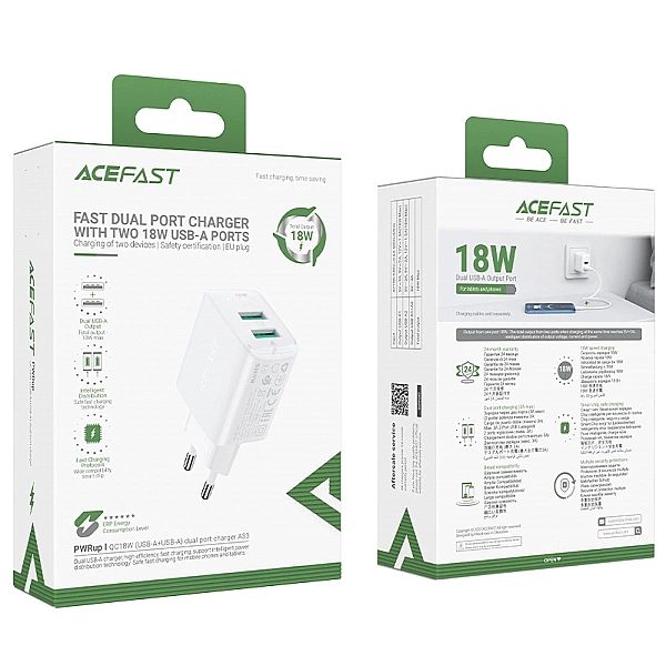 Acefast ładowarka sieciowa 2x USB 18W QC 3.0, AFC, FCP biały (A33 whit
