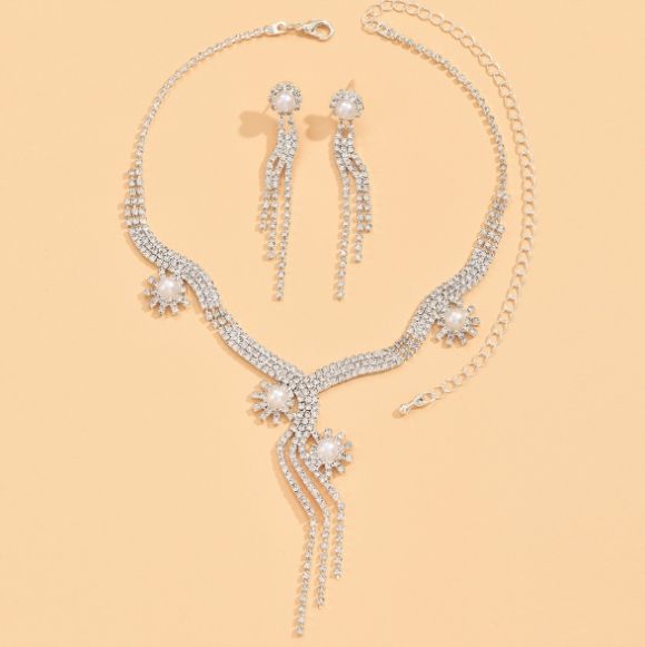 Komplet Biżuterii Perły Kolczyki Naszyjnik Ślub Srebrny Cyrkonie B5