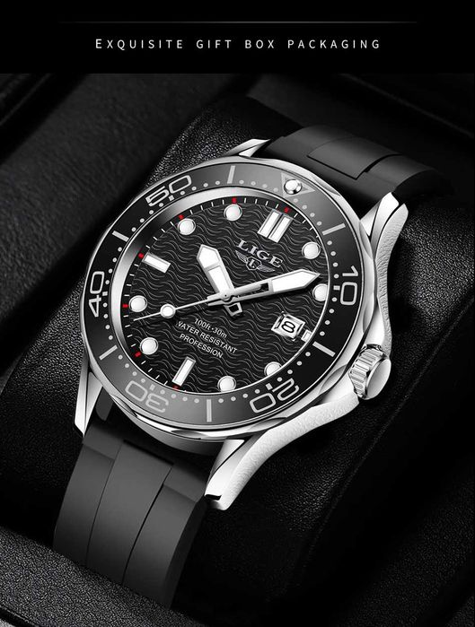 Zegarek męski Lige średnica 43mm styl nurka pasek silikonowy luma BOX