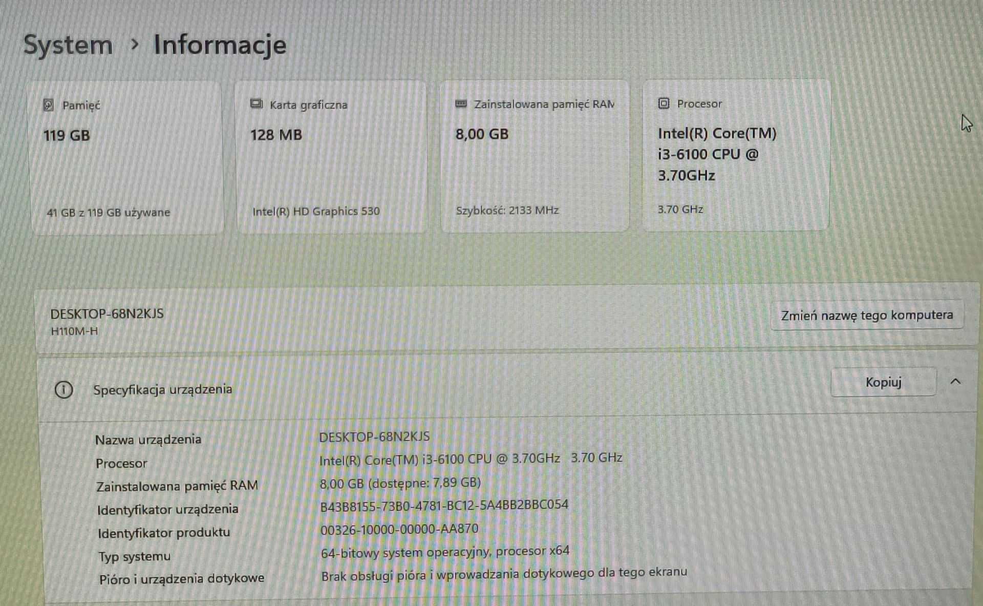 Komputer stacjonarny i3-6100/8GB RAM/128GB SSD/Win11 Home