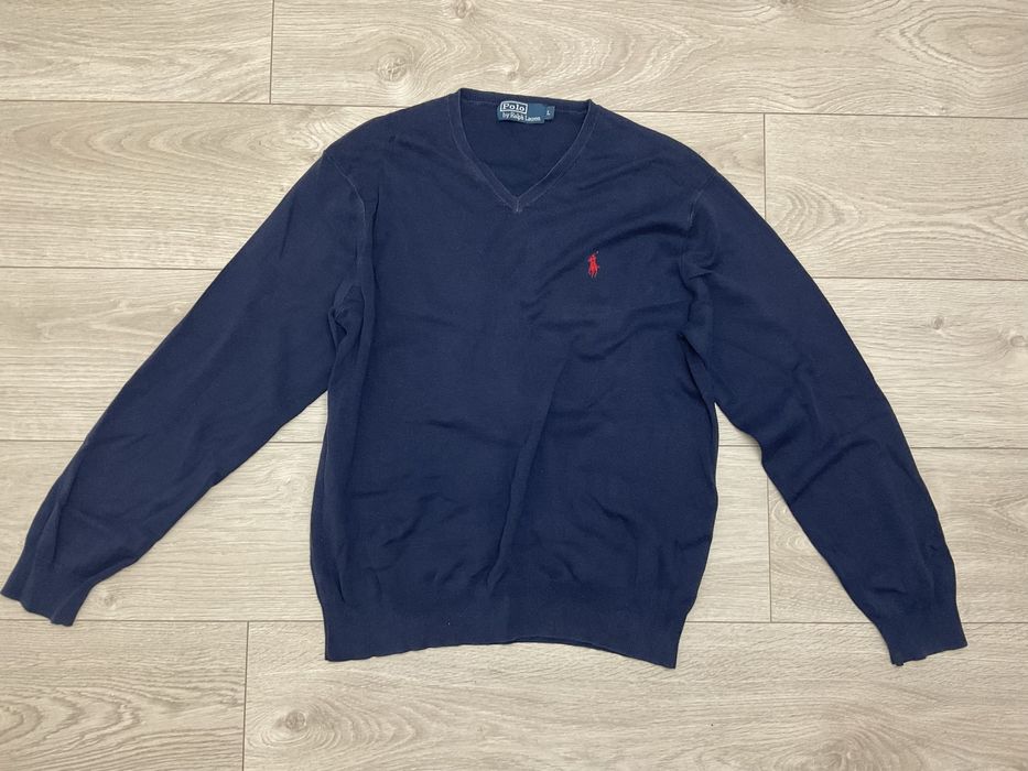 Ralph Lauren sweter męski L granatowy w serek bawełniany cienki