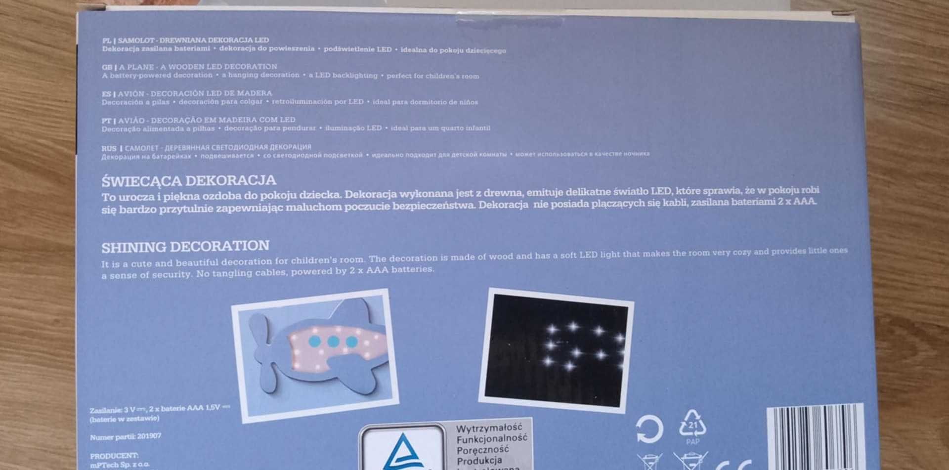 Drewniana Ozdoba Samolot lampka LED do pokoju dziecinnego zestaw 5 szt